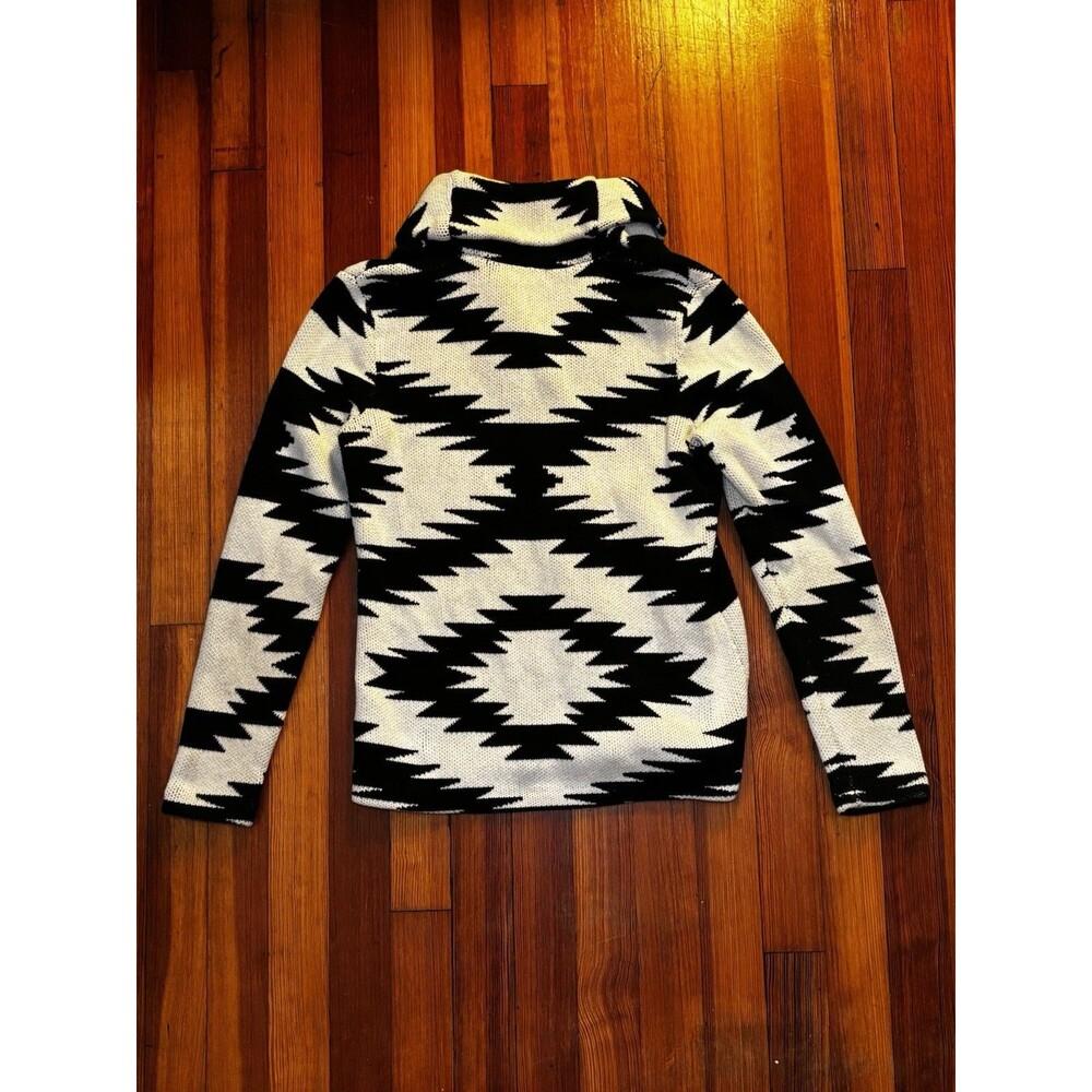 CHAPS Womens XS Southwestern Aztec Cardigan Black Cream 100% Cotton Shawl Collar - Picture 4 of 7